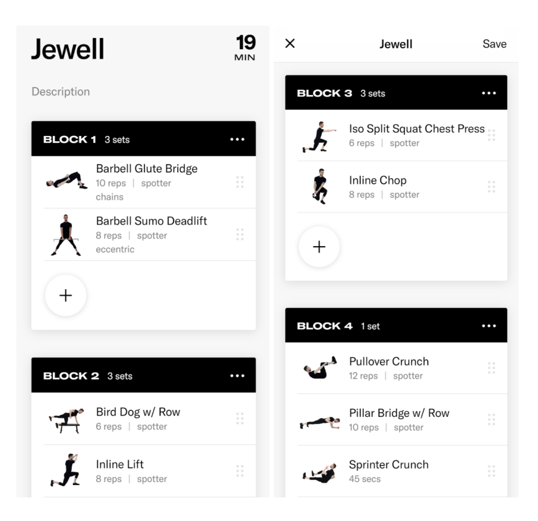 screenshots of a various movements in a workout 