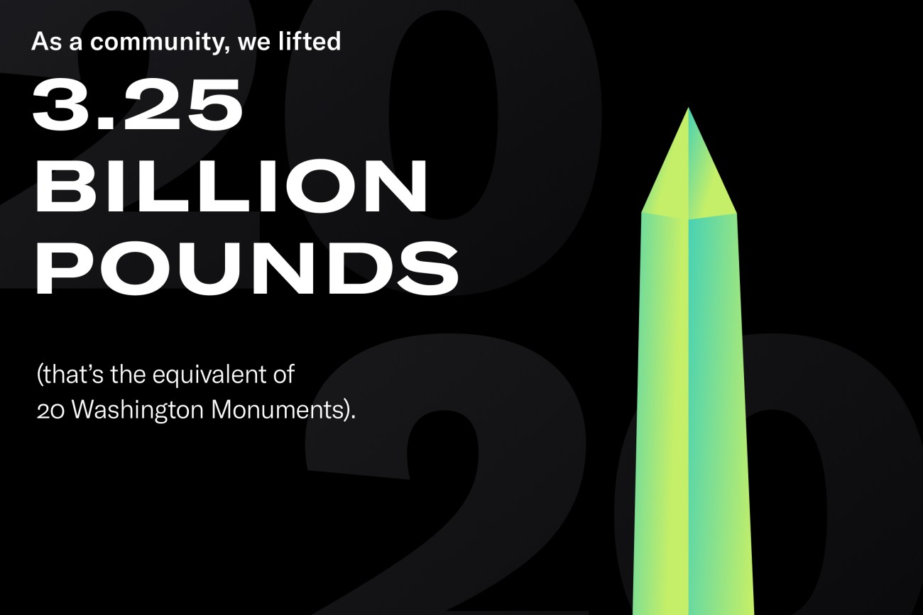 black screen with the text: as a community we lifted 3.25 billion pounds (that's the equivalent of 20 Washington monuments) and a green and yellow graphic of the Washington monument 