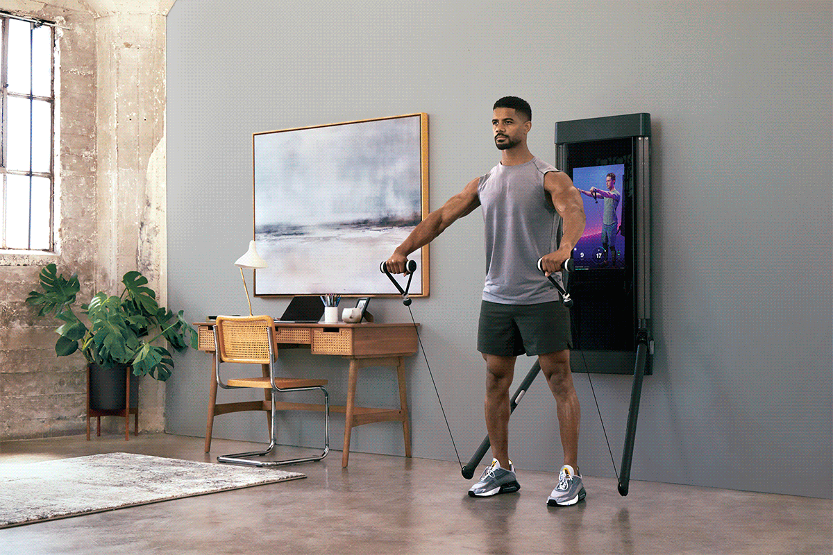 a gif alternating between different people working out in their home with a Tonal