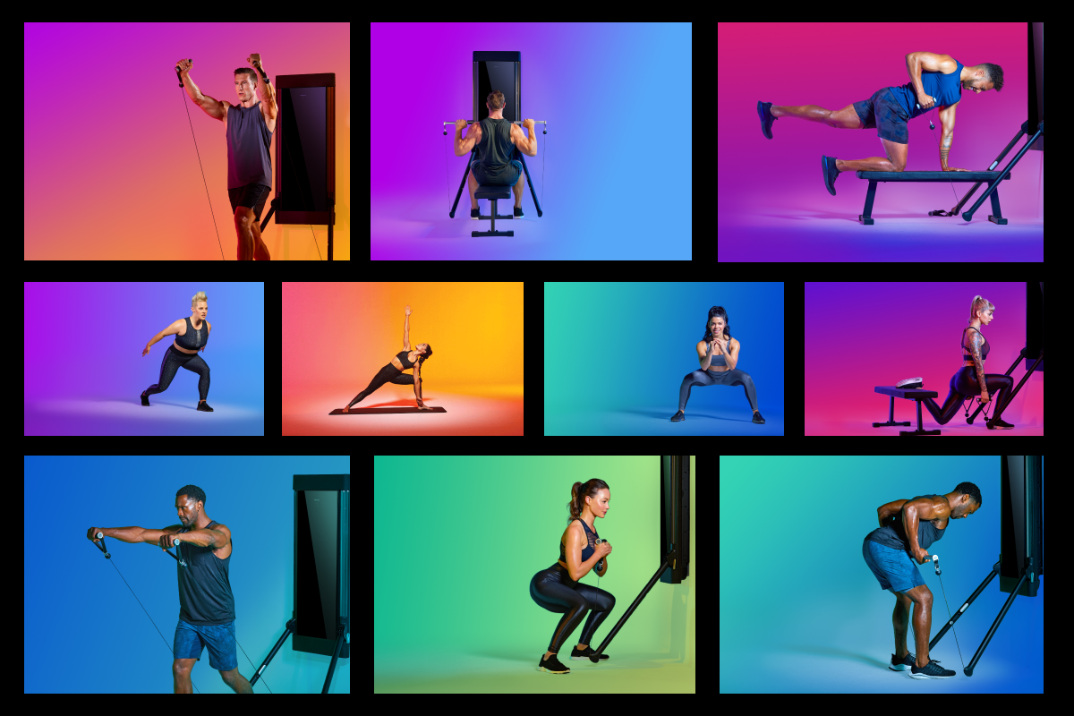 an image with a selection of different windows in which individuals are working out in different ways against colorful backgrounds 