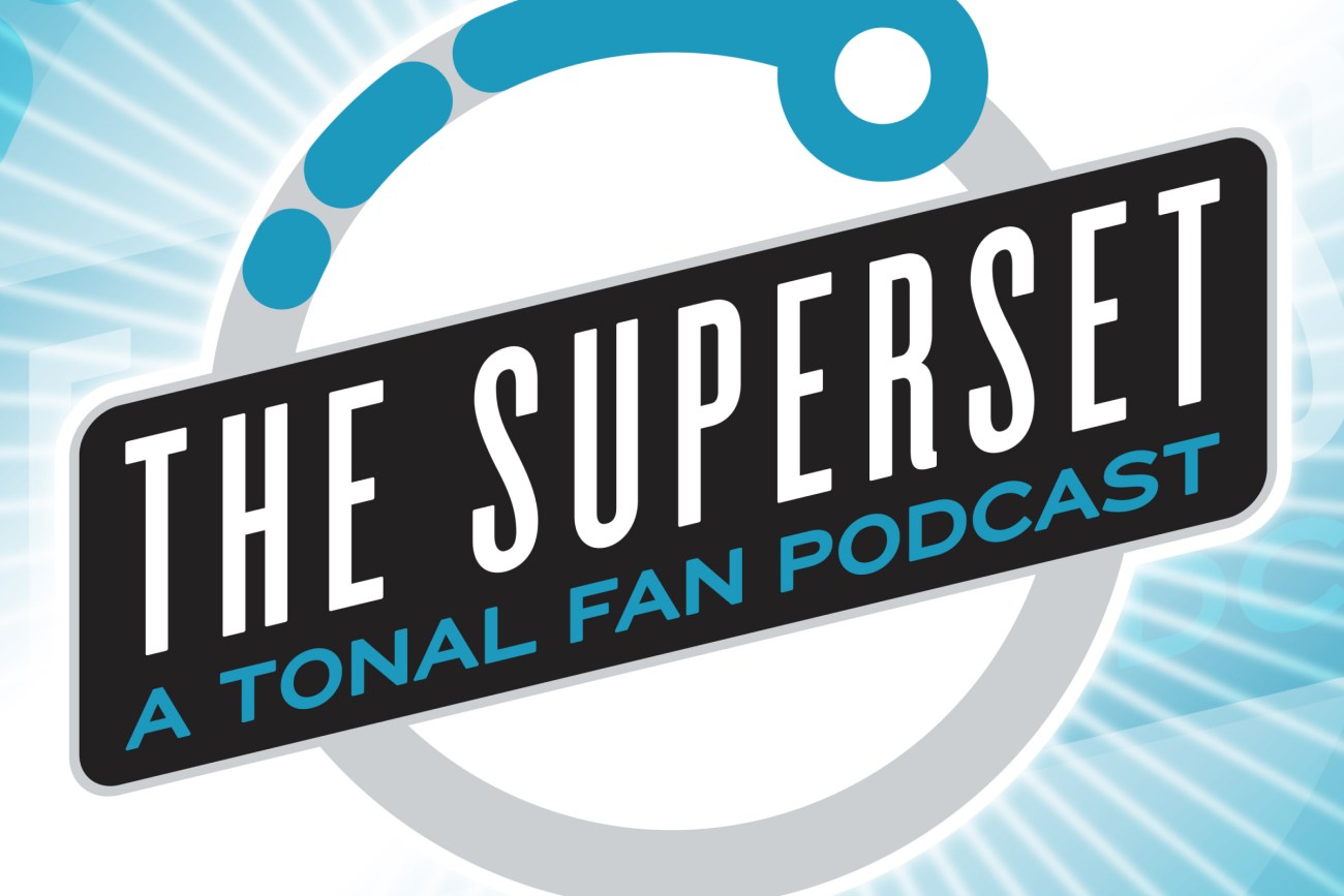 a blue and white graphic of the superset tonal fan podcast 