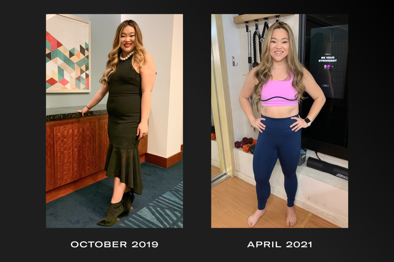 two images on a young woman side by side, one is from October 2019, and the second is from April 2021 