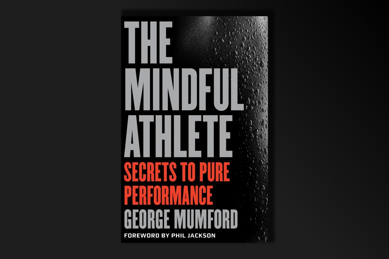 a black screen with a red and black book cover with this title: The Mindful Athlete Secrets to Pure Performance by George Mumford and a foreword by Phil Jackson