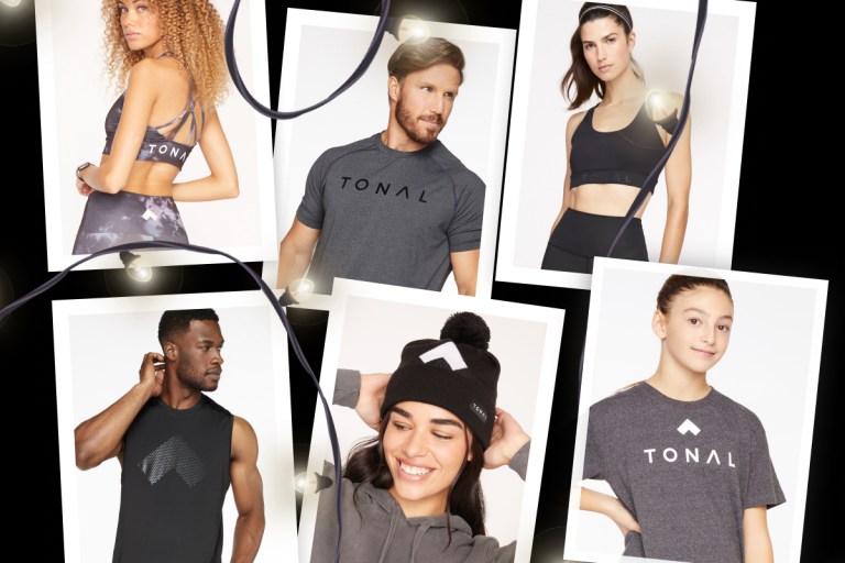 a festive gift guide collage of different images with people wearing tonal-branded clothing