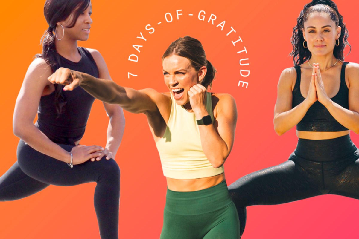 three women working out on a colorful background with a 7 days of gratitude title above them for thanksgiving workouts