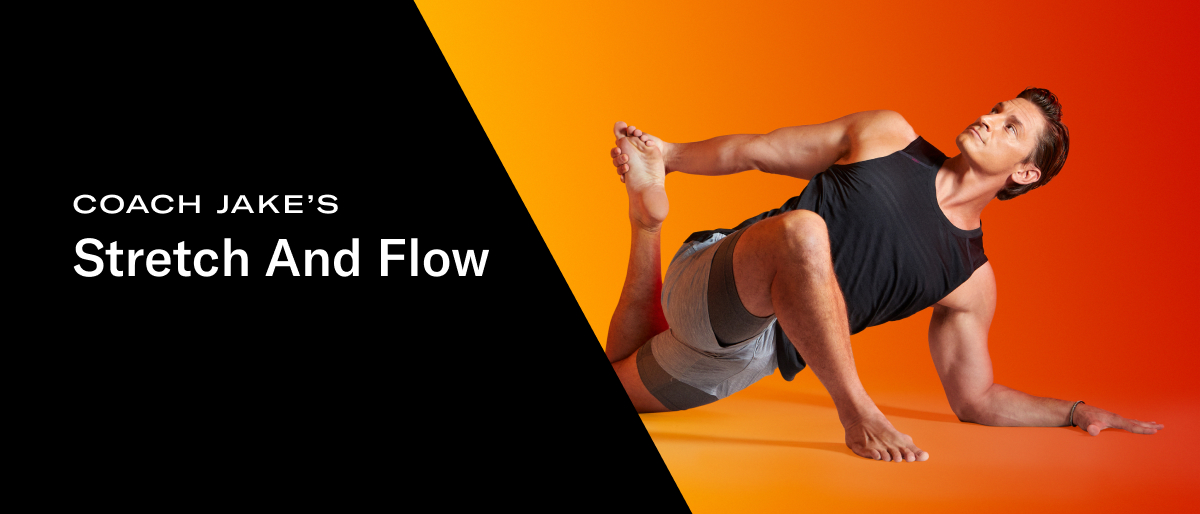 image of a man doing yoga with text: coach jake's stretch and flow