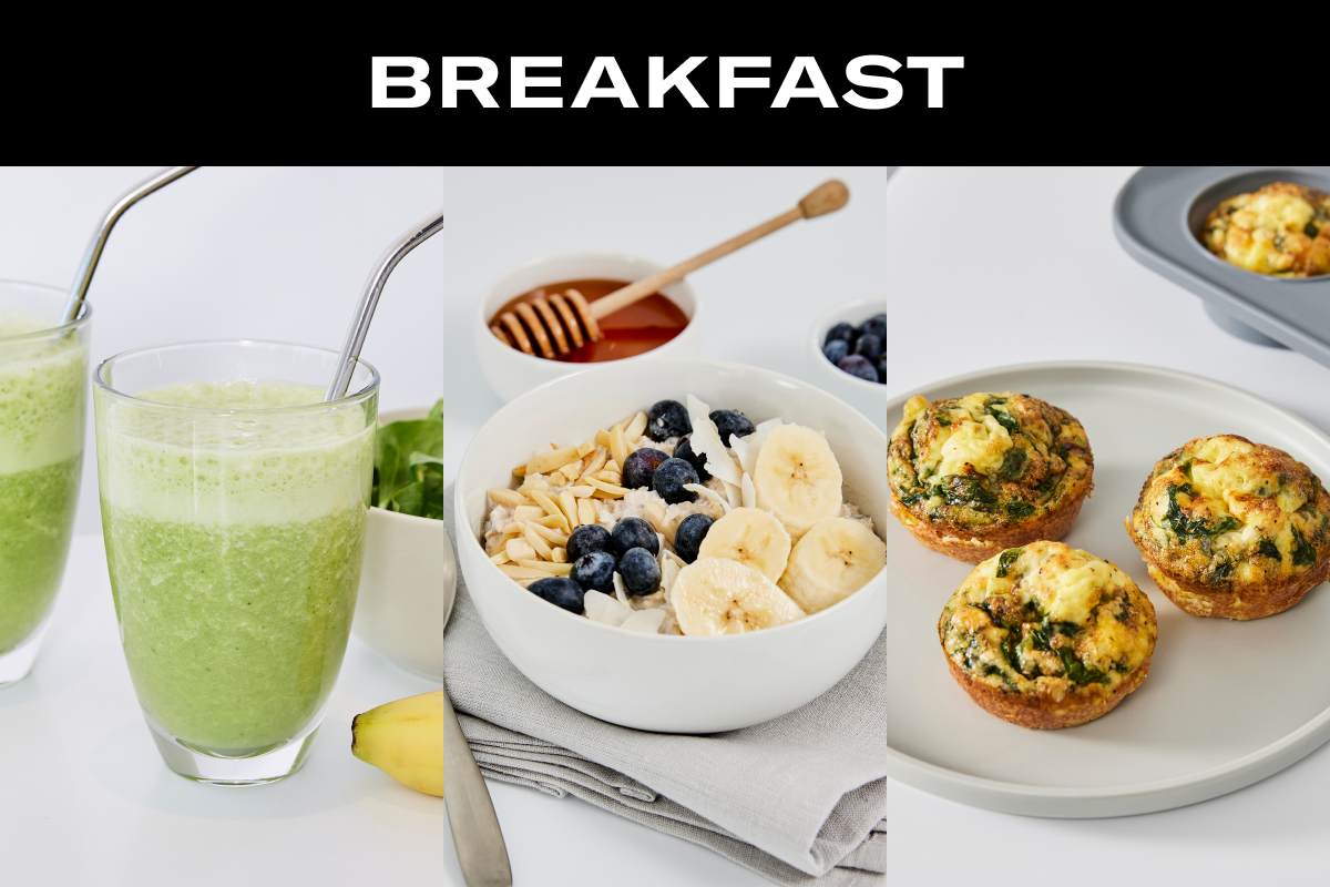 a graphic with the title Breakfast and three images below it: a green smoothie, a bowl of oatmeal and a spinach and feta frittatas 
