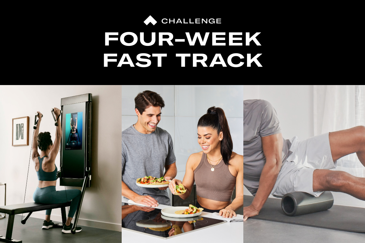 Four-Week Fast Track Workout Challenge: hero image depicting a woman working out on Tonal, two people sharing tacos and a man foam rolling his legs