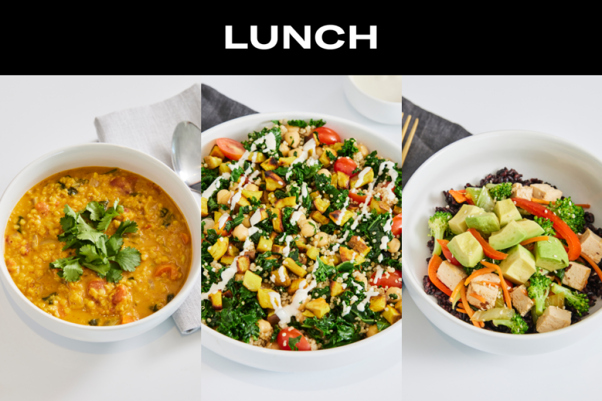 a graphic with the title Lunch and three images below it: dal, a chickpea bowl and a tofu rice bowl 
