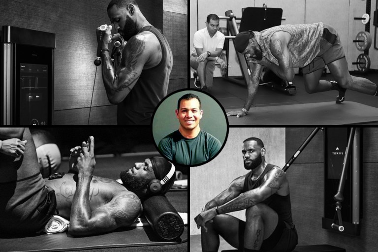 an image with four windows each of them showcasing LeBron James working out or stretching or recovering
