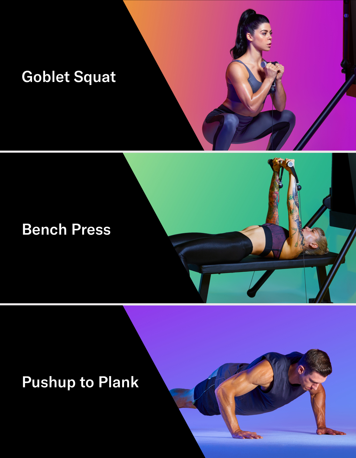 an image of a woman doing a goblet squat, another image of a woman doing a bench press, and a man doing a pushup to plank highlighting the top moves of the year 