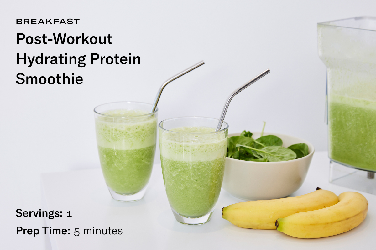 a recipe card featuring two green smoothies and a title saying post-workout hydrating smoothie, with additional text that says Servings :1 and Prep Time: Five Minutes 