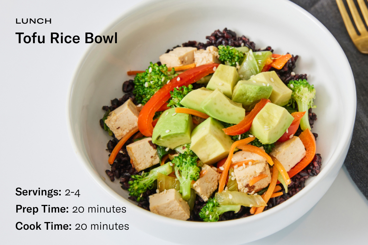 a recipe card with a bowl of tofu, veggies and rice and the following text: Tofu Rice Bowl, Servings: 2-4, Prep Time: 20 minutes, Cook Time: 20 minutes