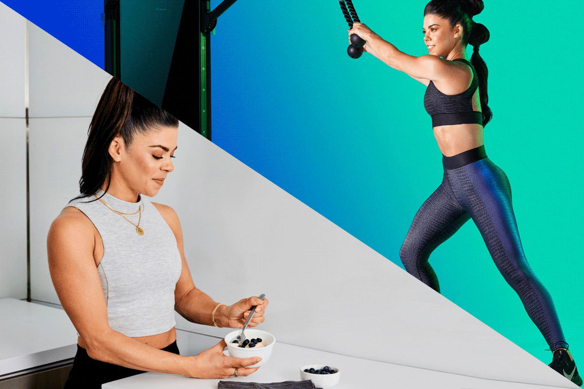 Split-screen image of a woman eating breakfast on one side, and working out on the other to ask the question, should you eat before or after your morning exercise.