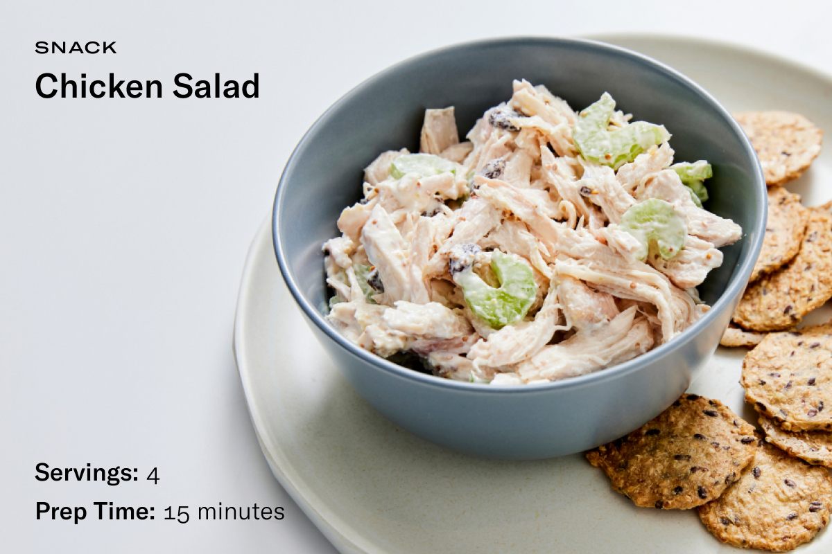 A recipe card with a bowl of chicken salad next to some crackers with the following text: Servings: 4, Prep Time: 15 minutes