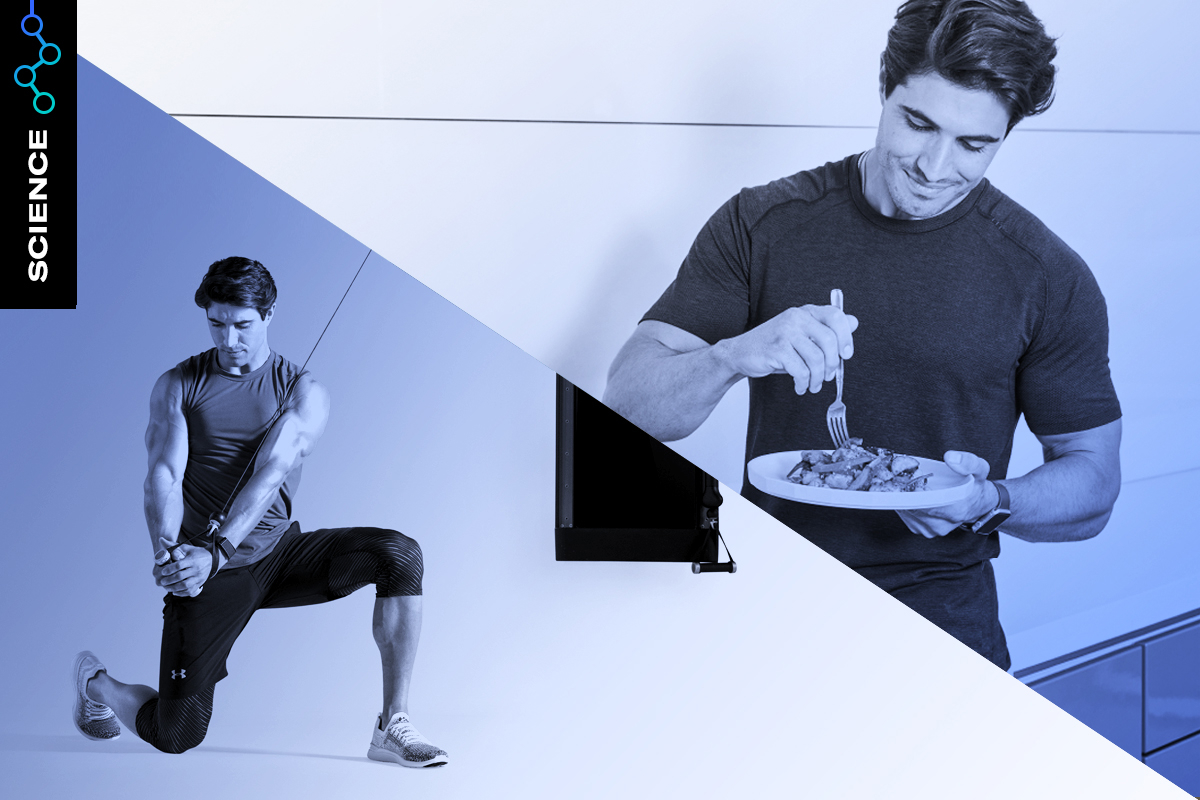 Image of Tonal coach performing woodchop exercise on Tonal and same coach preparing a healthy meal to indicate a combination of exercise and nutrition helps lower inflammation