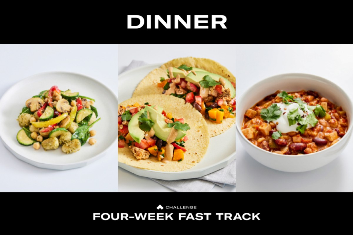 image of a graphic with three different meals: pesto gnocchi, tacos and veggie chili