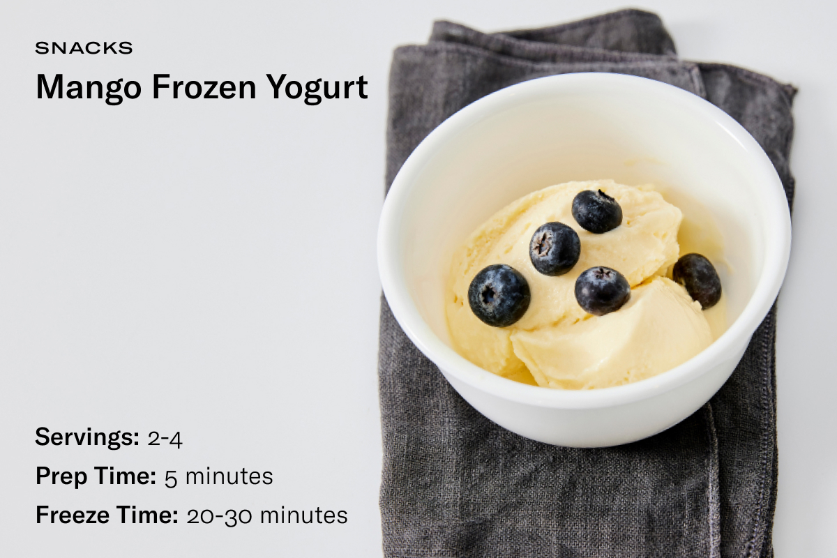 Graphic of a recipe card with the title: Mango Frozen Yogurt, Servings: 2-4, Prep Time: 5 minutes and Freeze Time: 20-30 minutes