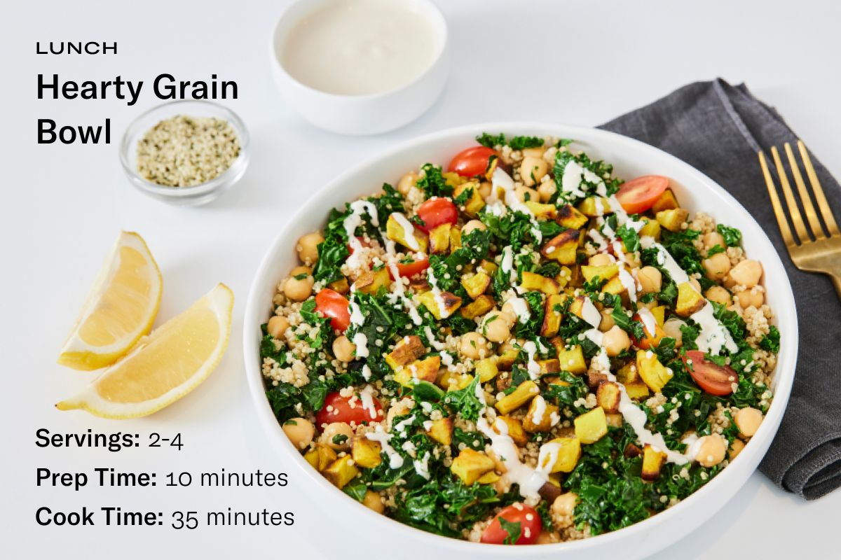 a recipe card with a bowl of kale, chickpeas and veggies with the following text: Hearty Grain Bowl, Servings: 2-4, Prep Time: 10 minutes, Cook Time: 35 minutes
