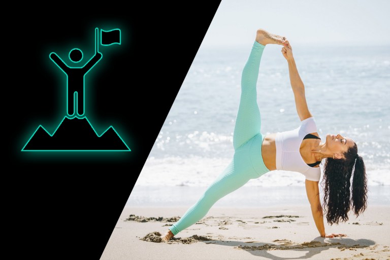 Icon of figure standing on top of a mountain and woman performing yoga on a beach indicating intrinsic motivation and accomplishing goals