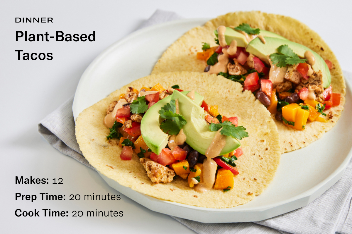 Image of a recipe card with colorful tacos alongside the following text: Makes 12, Prep Time: 20 Minutes, Cook Time: 20 Minutes