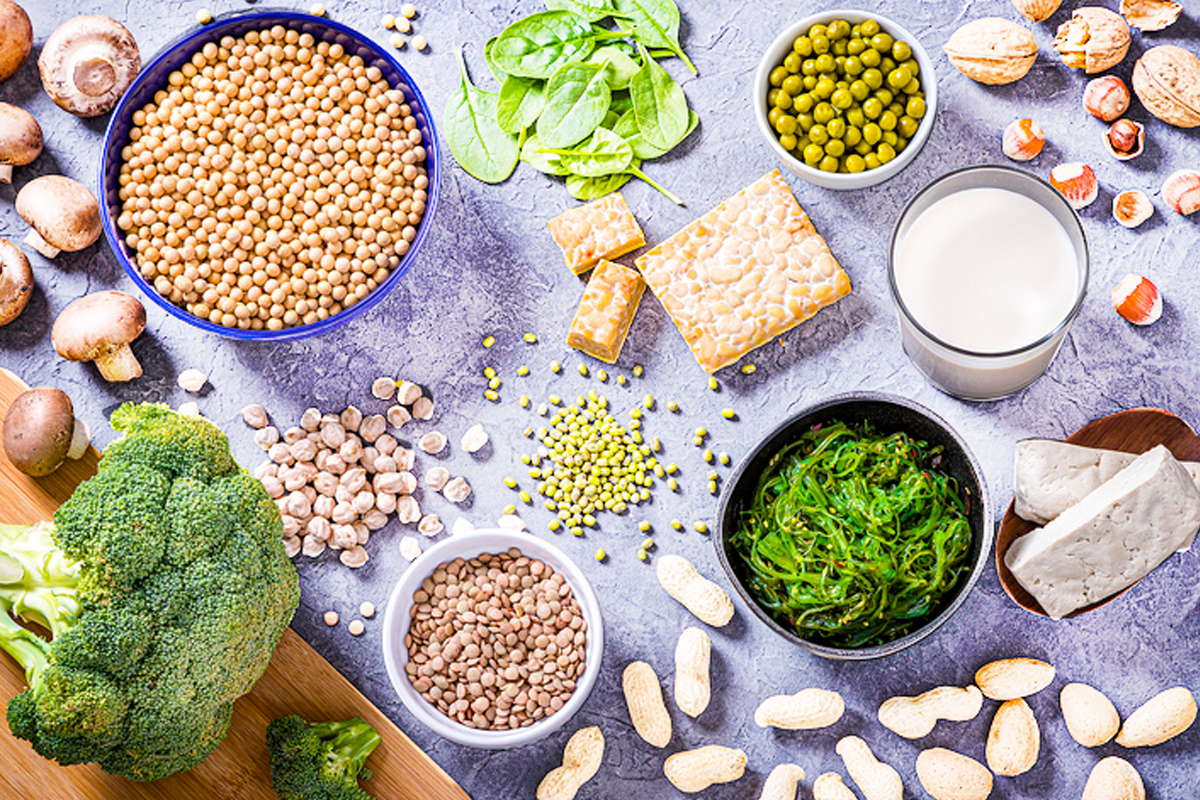 a table full of plant-based protein options or vegetarian options for athletes