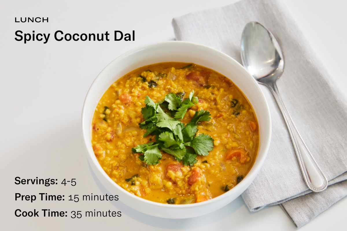 a recipe card with a bowl of lentils alongside the following text: Spicy Coconut Dal, Servings: 4-5, Prep Time: 15 minutes, Cook Time: 35 minutes