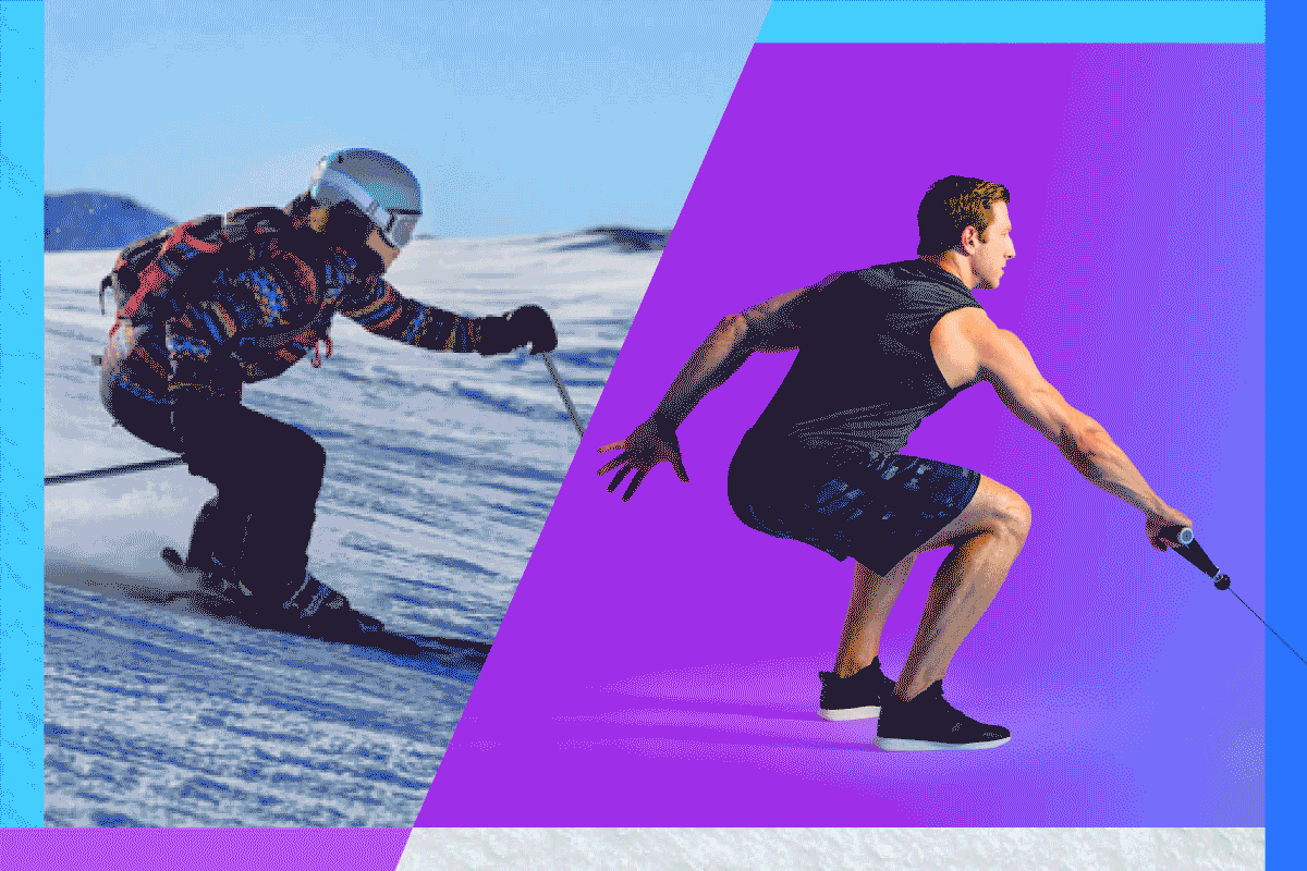 Images of skiers and exercises on Tonal for skiing to show the transfer of skill from strength to the slopes. 