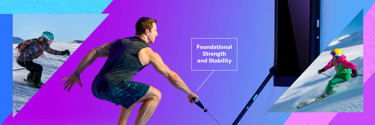 Image of two skiers on the slopes and a coach performing a strength exercise with tip: start with building your foundational strength, then add moves that challenge your balance and stability 