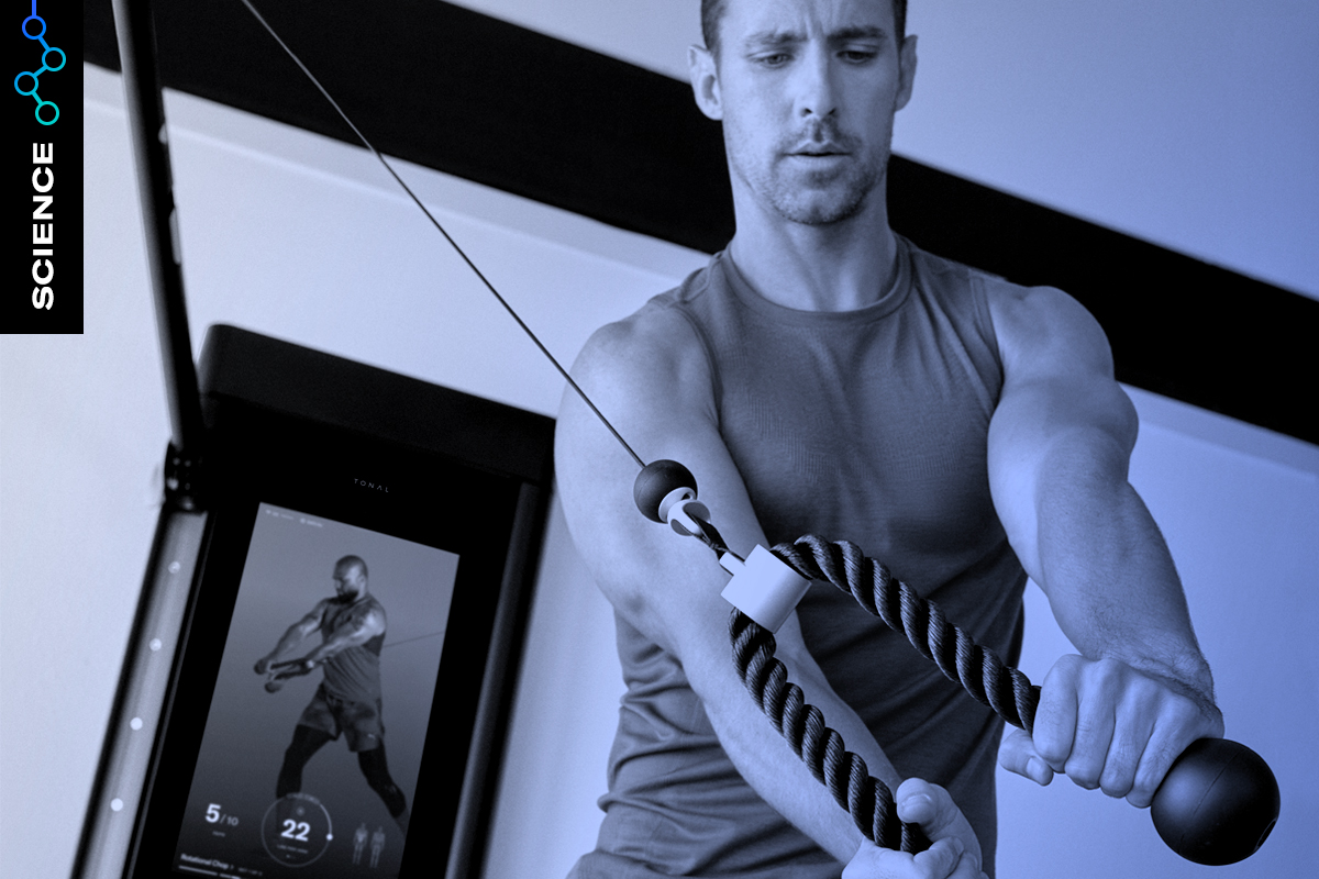 Image of man doing a rotational strength movement to build muscle mass, which is associated with lower Covid-19 risk.