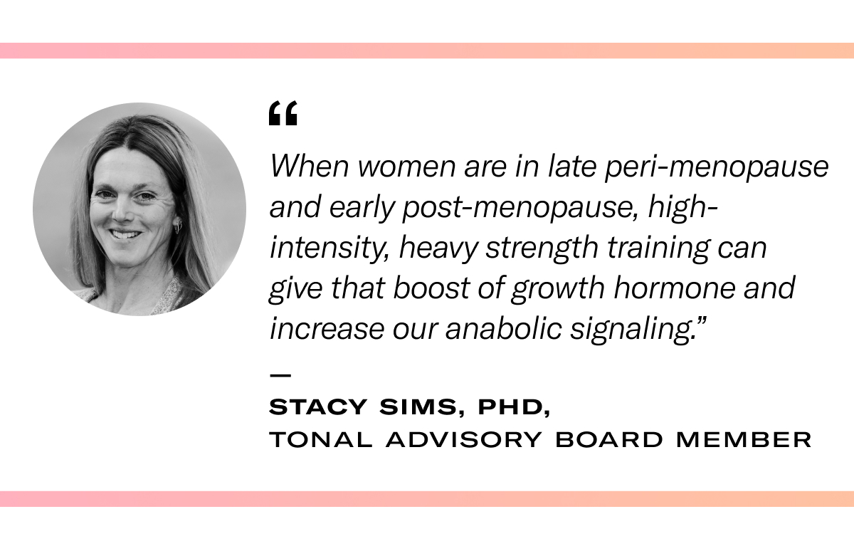 Pull quote reading: “When women are in late peri-menopause and early post-menopause, high-intensity, heavy strength training can give that boost of growth hormone and increase our anabolic signaling,” adds Sims. 