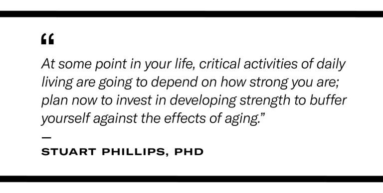 Stuart Phillips quote about the benefits of strength training. "At some point in your life, critical activities of daily living are going to depend on how strong you are; plan now to invest in developing strength to buffer yourself against the effects of aging."