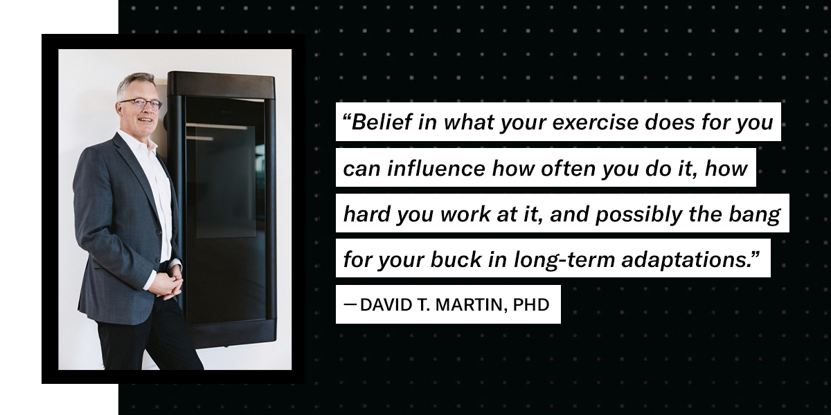 David T. Martin standing next to a Tonal with quote: "Belief in what your exercise does for you can influence how often you do it, how hard you work at it, and possibly the bang for your buck in long-term adaptations. 