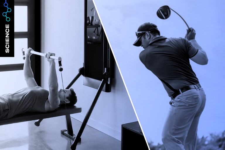 man performing bench press on Tonal and a golf swing