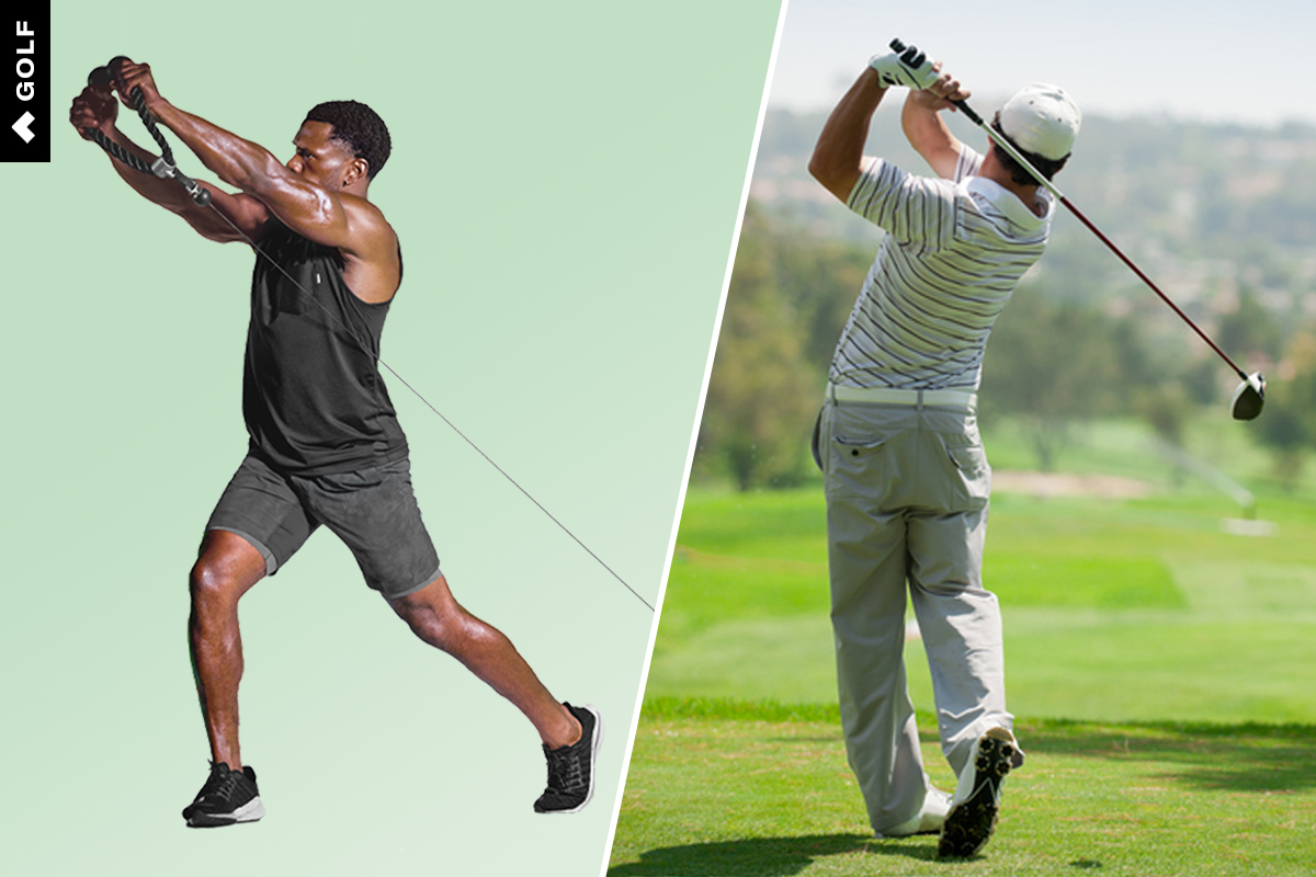 Image features a side-by-side of an athlete performing a rotational lift and a golfer at the end of his swing to illustrate an article about the best exercises on Tonal for golfers.
