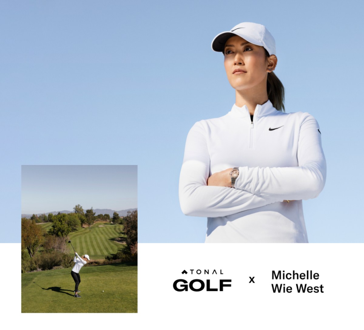Michelle Wie West playing golf to demonstrate the new golf workouts she co-developed on Tonal. 