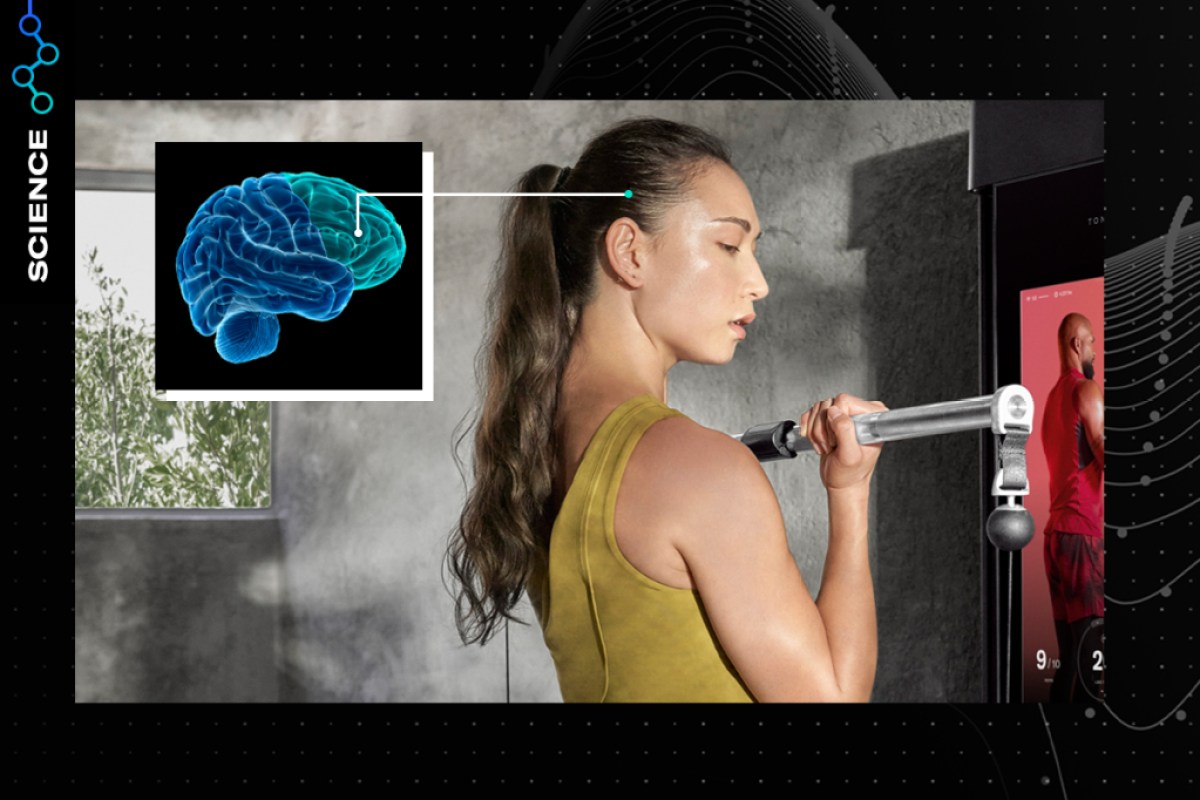 Image of someone exercising on Tonal with an image of the prefrontal cortex of the brain.