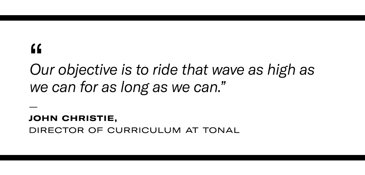 Pull quote on the role of a deload week and active recovery: "Our objective is to ride that wave as high as we can for as long as we can." - John Christie, Director of Curriculum at Tonal 