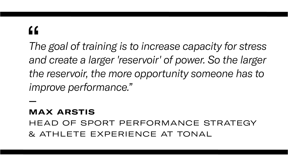 Quote: “The goal of training is to increase capacity for stress, increase resilience, and create a larger ‘reservoir’ for power. So the larger the reservoir, the more opportunity someone has to develop power, protect against injury, and ultimately improve performance.” 