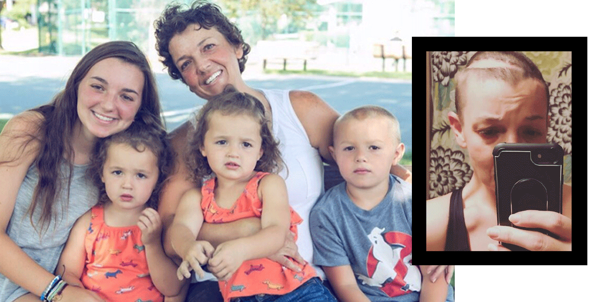One image of Megan Redmond with her four children after recovering from her accident; another image of Redmond with her head shaved showing the scar from her brain surgery.