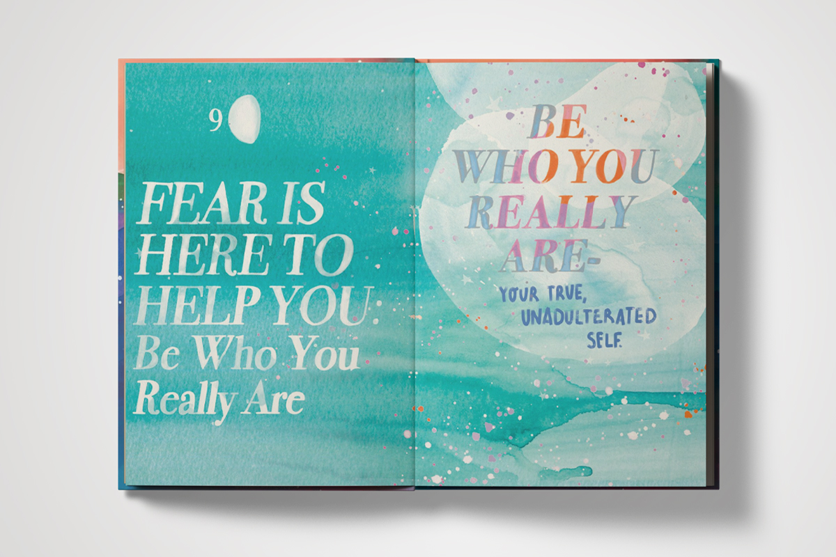 An open page in My Friend Fear displays author Meera Lee Patel's watercolor painting and inspirational words.