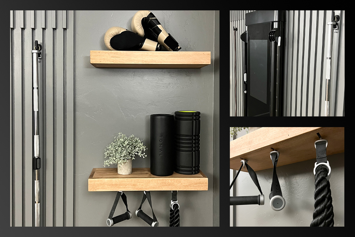 Close-up detail shots of Jennifer Gizzi's home gym showing Tonal and accessories.