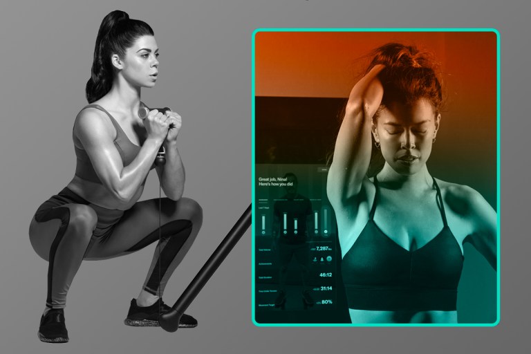 woman performing a squat on Tonal alongside a photo of a woman who is fatigued and may need deloading