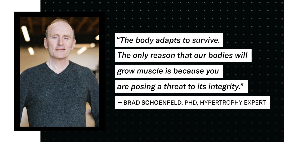 Exercise facts quote from Brad Schoenfeld, PhD reads: “The body adapts to survive. The only reason that our bodies will grow muscle is because you are posing a threat to its integrity."