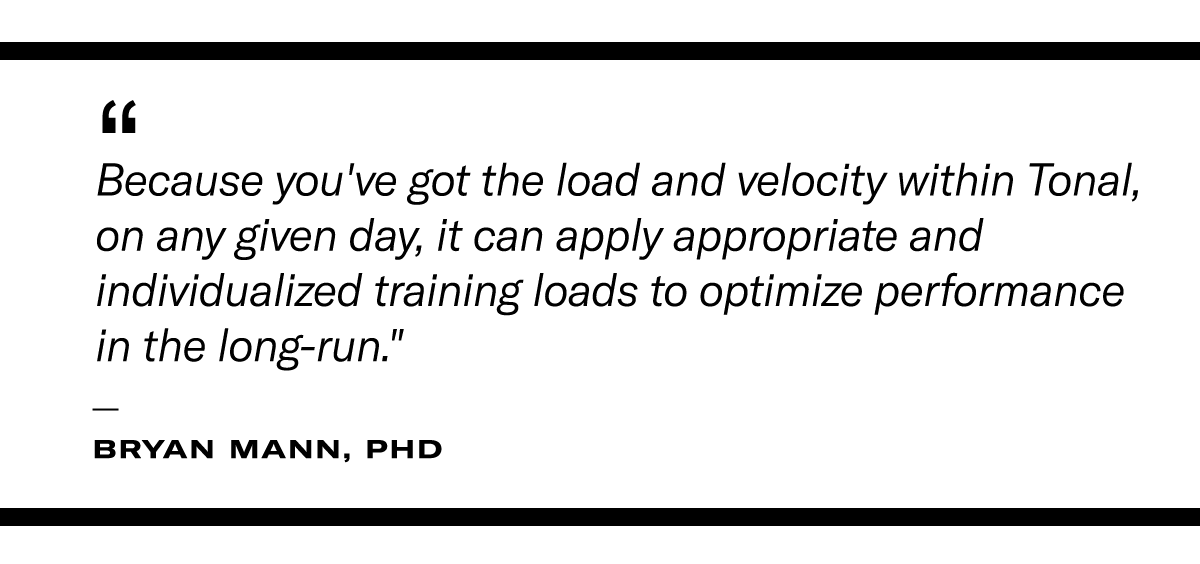 Pull quote on the speed and velocity determining load: "Because you've got the load and velocity within Tonal, on any given day, it can apply appropriate and individualized training loads to optimize performance in the long-run." 