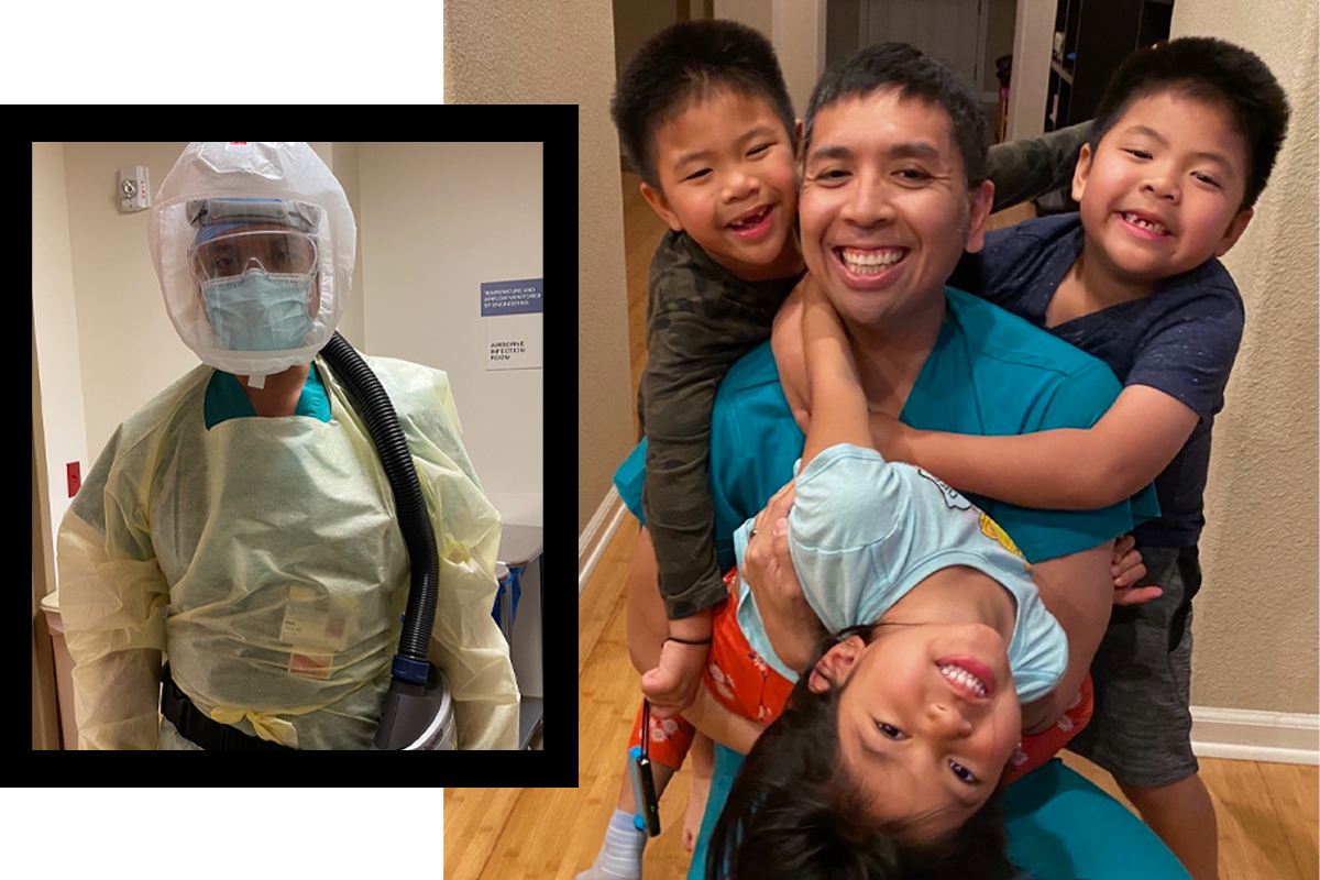 Dr. Alvin Rivera in PPE working at the hospital; and enjoying time off with his three kids. 