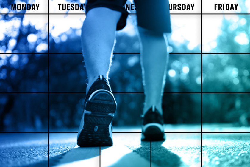 Walking man's lower legs superimposed over a monthly calendar.