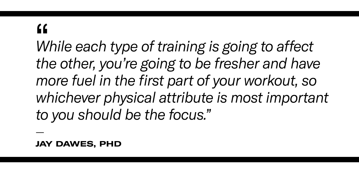 pull quote on concurrent training: "while each type of training is going to affect the other, you're going to be fresher, have more fuel, and more focus in the first part of your workout." - Jay Dawes, PhD
