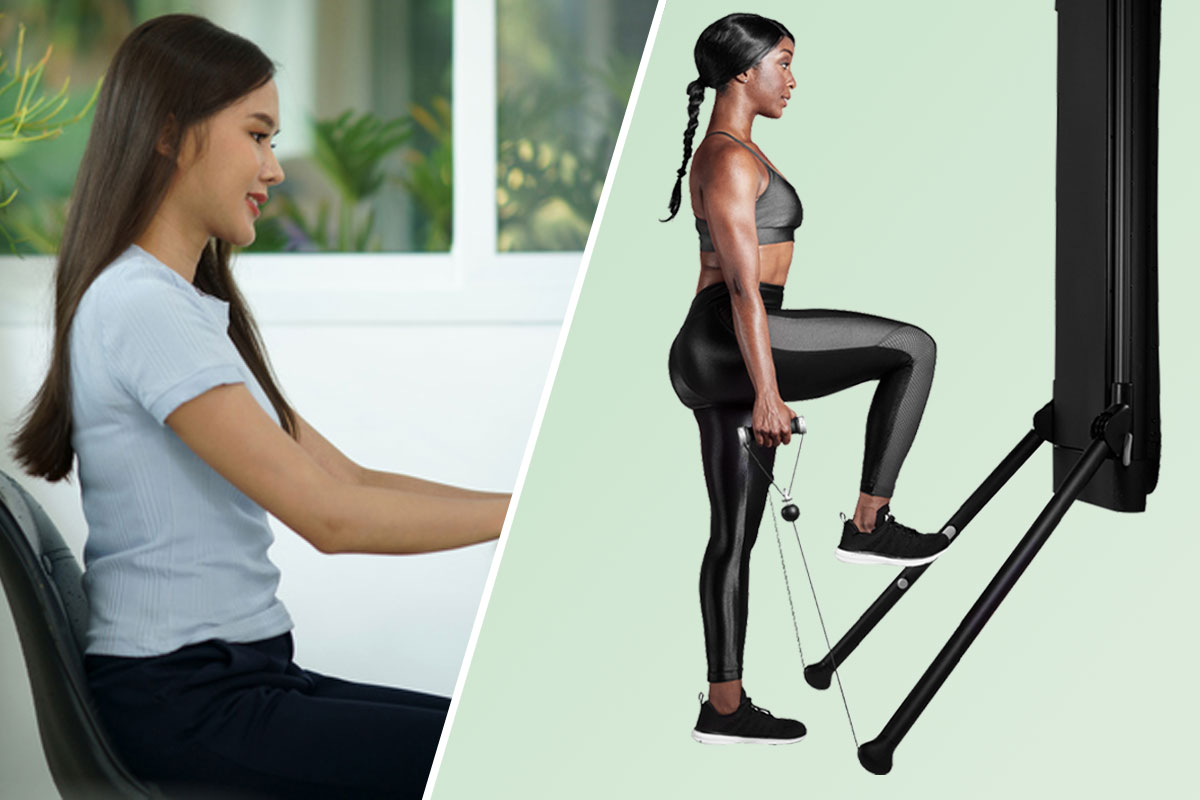 Split screen images of a woman seated at a desk and Coach Allison working out on Tonal. 