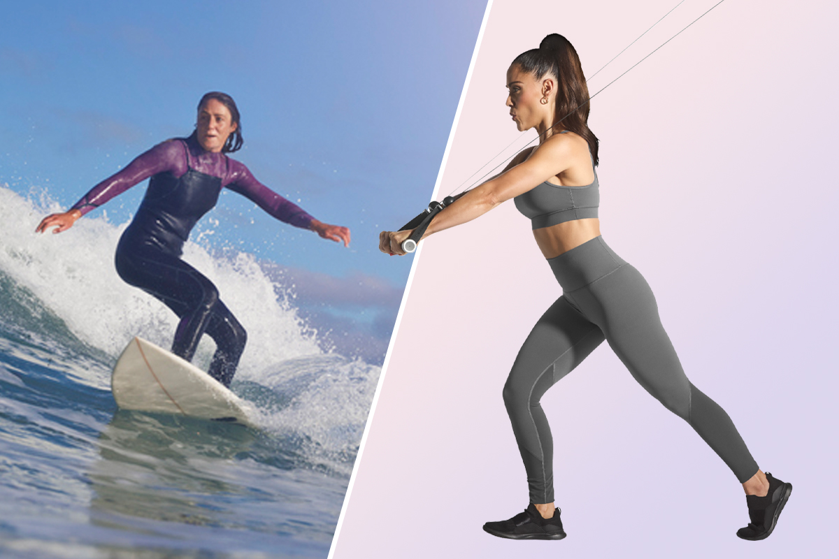 Split image of a surfer and woman working out on Tonal. Exercises for surfing.